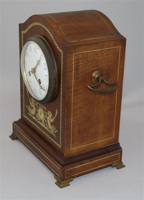 An Edwardian inlaid mahogany mantel clock, 11.5in.